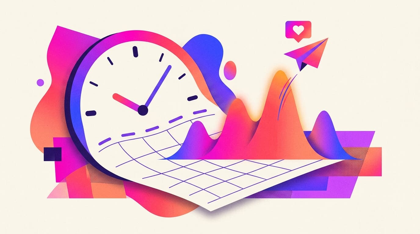 Editorial illustration of an abstract clock melting into a weekly calendar grid with glowing heat-map peaks rising on the busiest hours