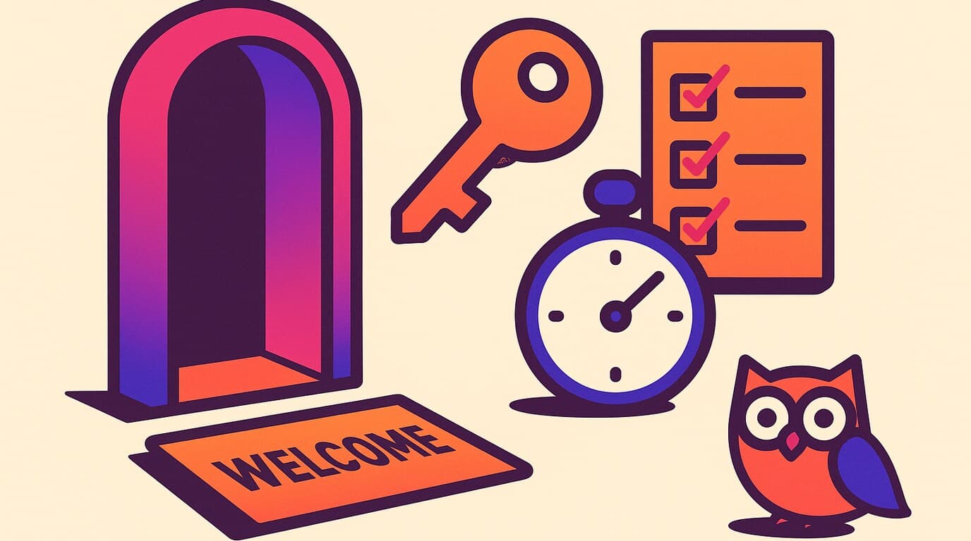 Editorial illustration of a client onboarding checklist for a social media agency, with account access keys and a day zero baseline marker