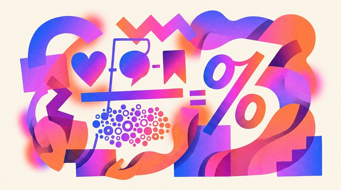 Editorial illustration of an oversized abstract calculator dividing a cluster of interaction icons by a crowd of follower dots, with a bold percentage symbol as the hero shape