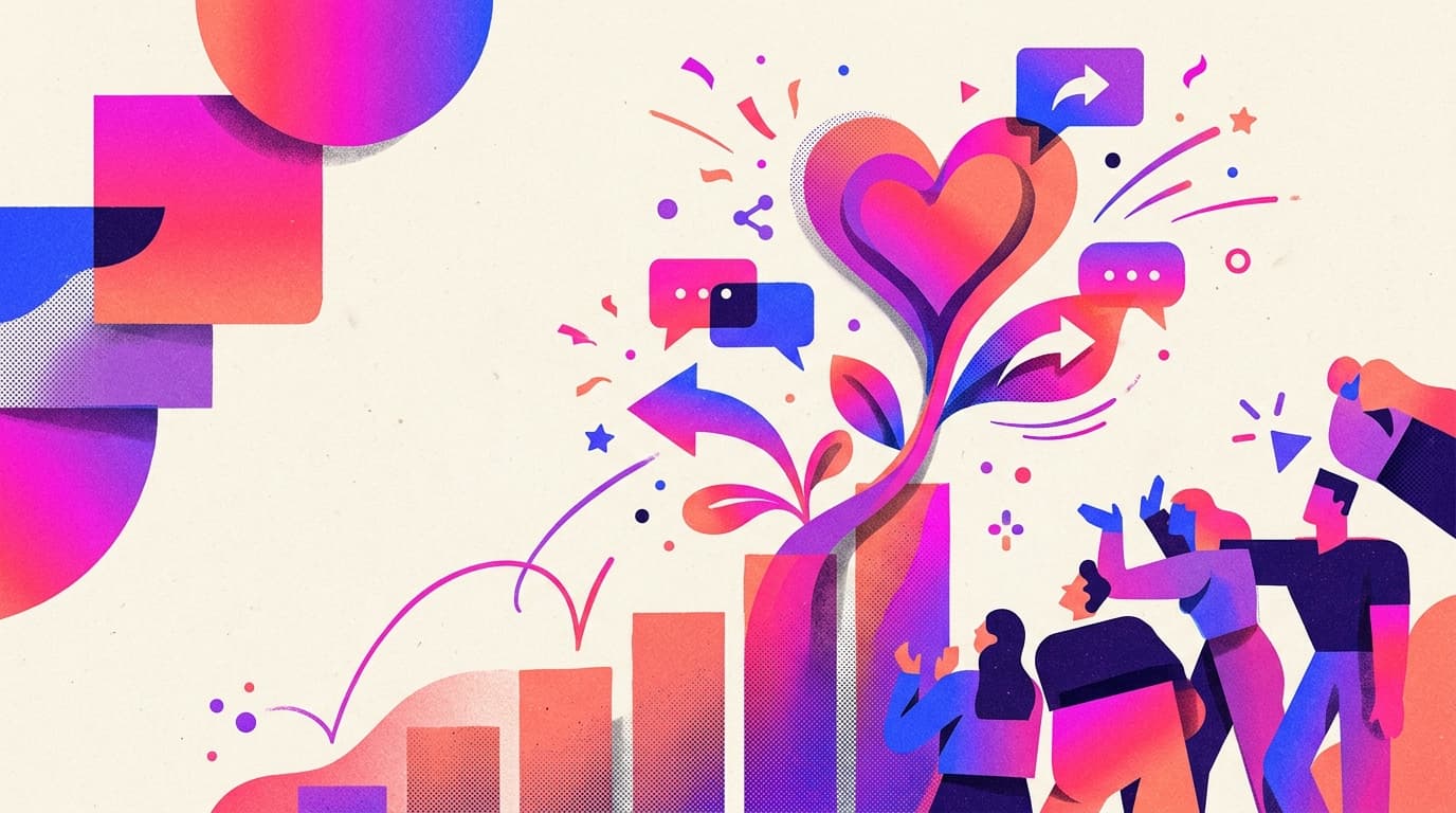 Editorial illustration of a heart sprouting like a plant with leaves made of speech bubbles and share arrows, rising above chart-step stairs