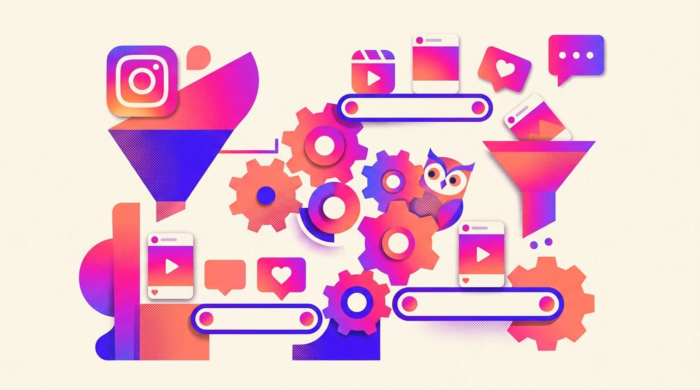 Editorial illustration of a friendly abstract machine of interlocking gears and sorting funnels ranking small content cards upward, with an owl peeking at the mechanism