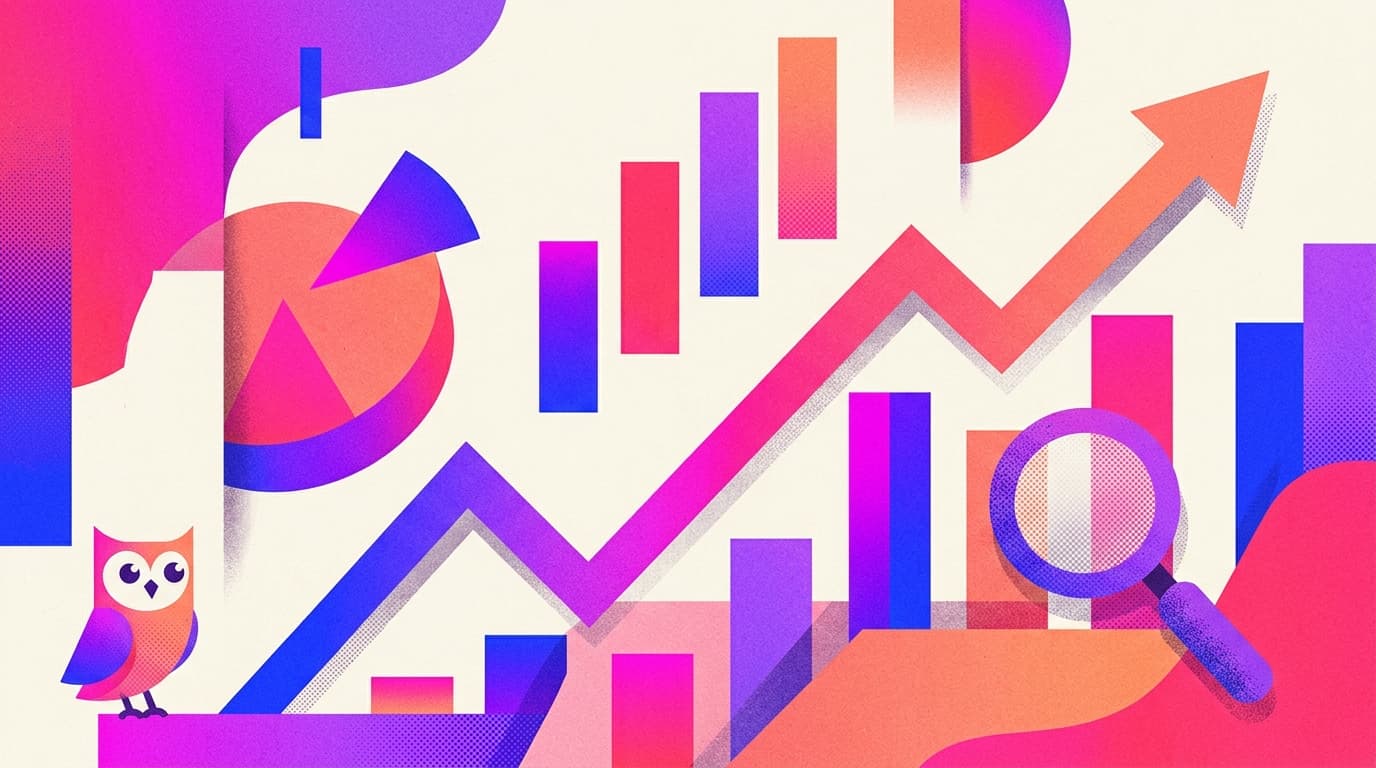 Editorial illustration of a playful analytics landscape: oversized charts, a rising line graph turning into a growth arrow, and a small owl observing from a corner