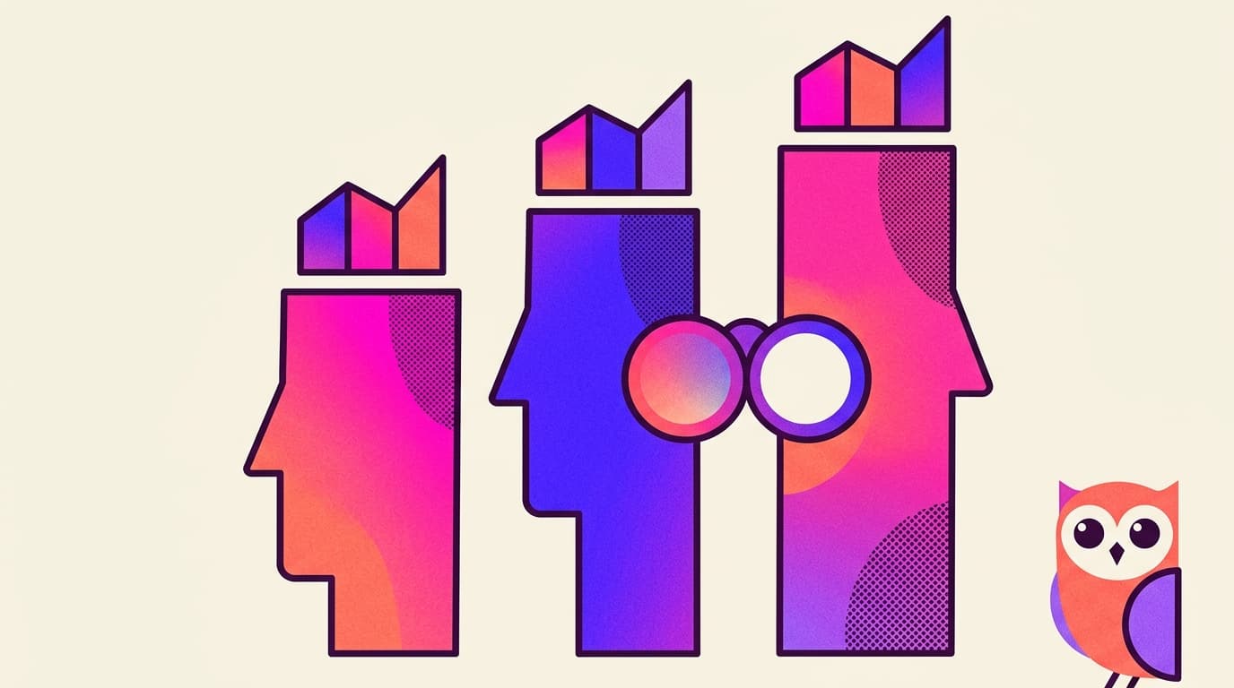 Editorial illustration of three profile columns of different heights topped with chart shapes, compared through overlapping lenses, with a small owl beside them