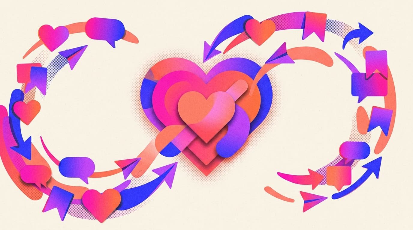 Editorial illustration of a glowing central hub with streams of hearts, comments, saves and share arrows flowing toward it like a magnetic system