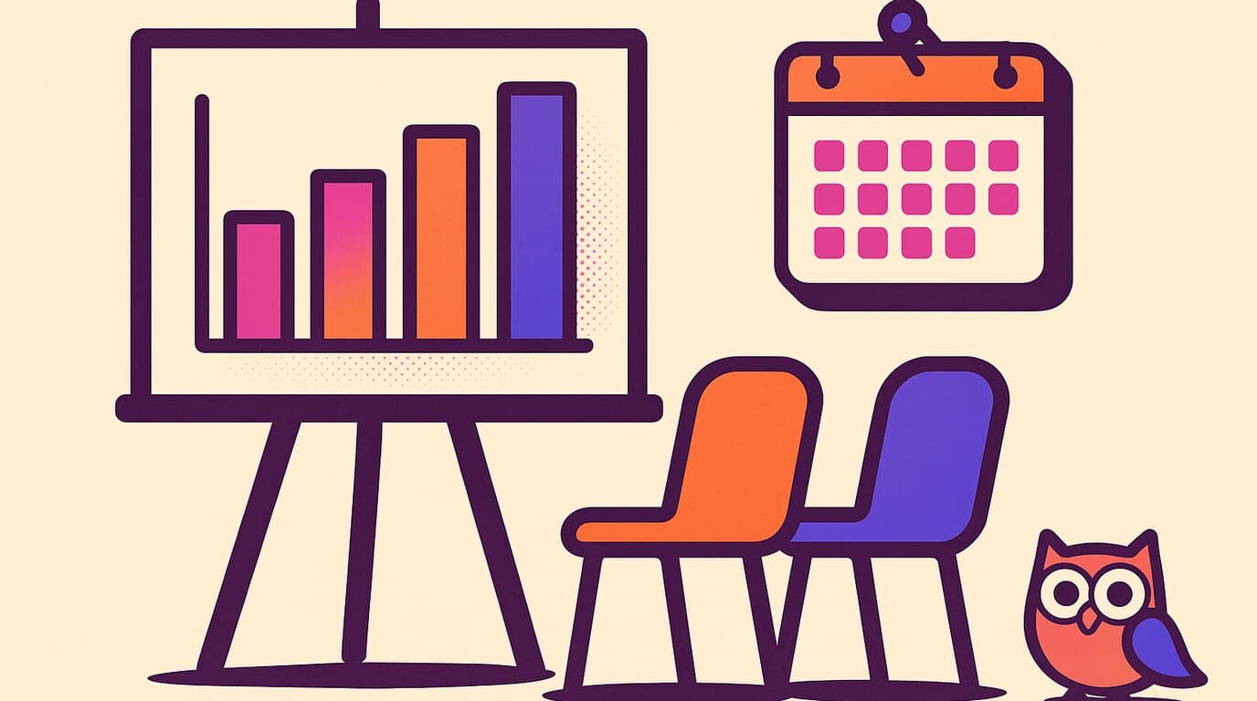 Editorial illustration of a quarterly business review meeting where a social media agency presents retainer results to a client budget holder