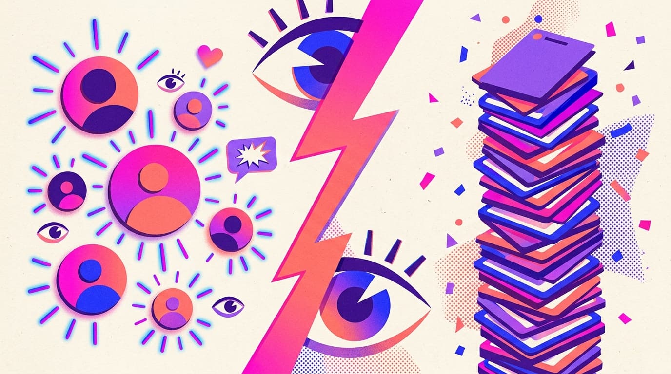 Editorial illustration contrasting unique reached people on the left with a tall stack of repeated impressions on the right, split by a gradient bolt