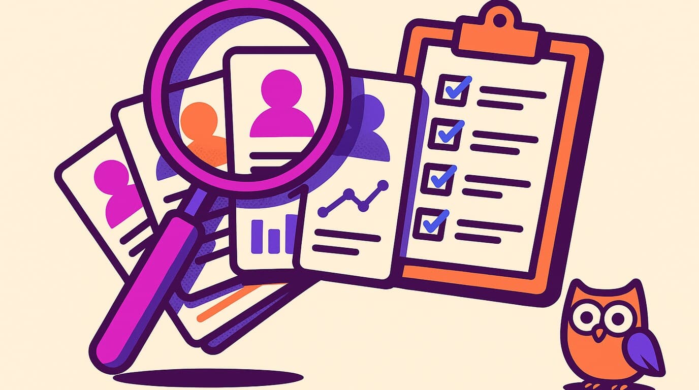 Editorial illustration of a social media audit deck laid out beside a competitor benchmark chart, with a small owl reading the findings page