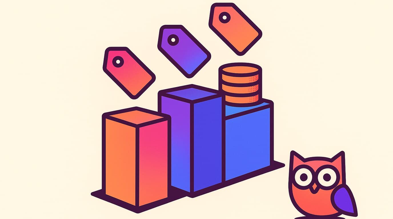 Editorial illustration of three stacked price tiers on a balance scale, with an owl weighing the middle one