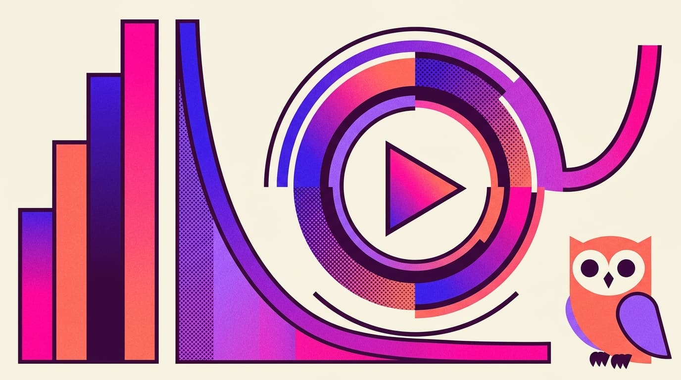 Editorial illustration of a rising bar chart beside a retention curve sweeping into a circular play-button gauge, with a small owl watching from the corner