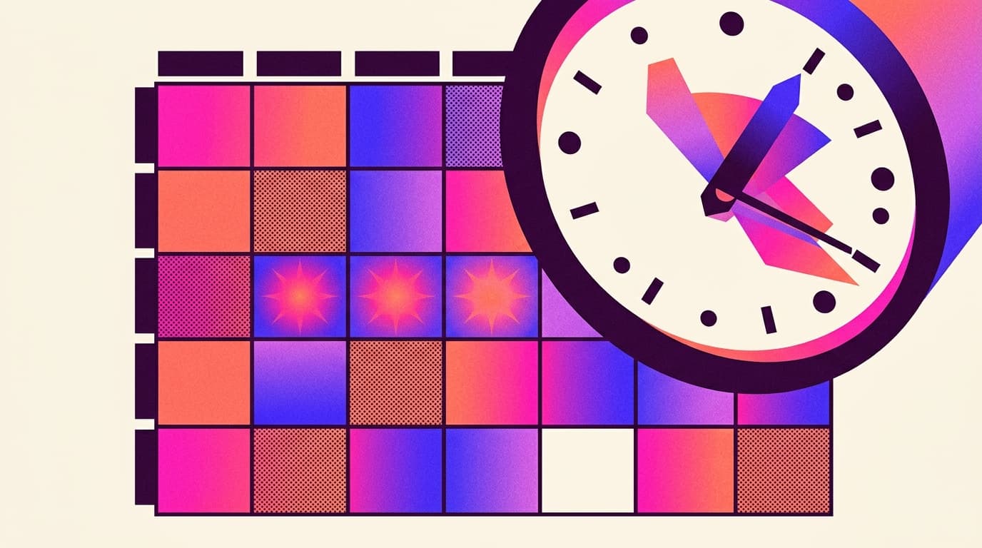 Editorial illustration of a weekly calendar grid rendered as a heat map with glowing peak cells, overlapped by an oversized clock face