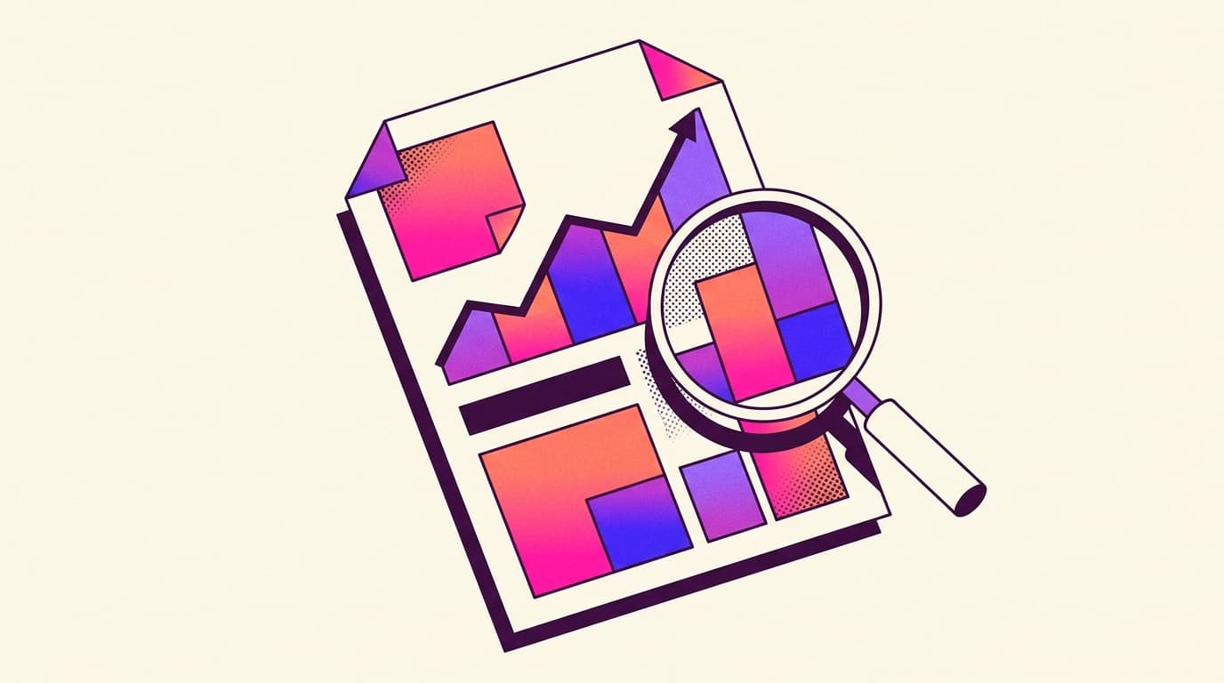 Editorial illustration of a single report sheet built from bold chart blocks, with a magnifying glass hovering over one section