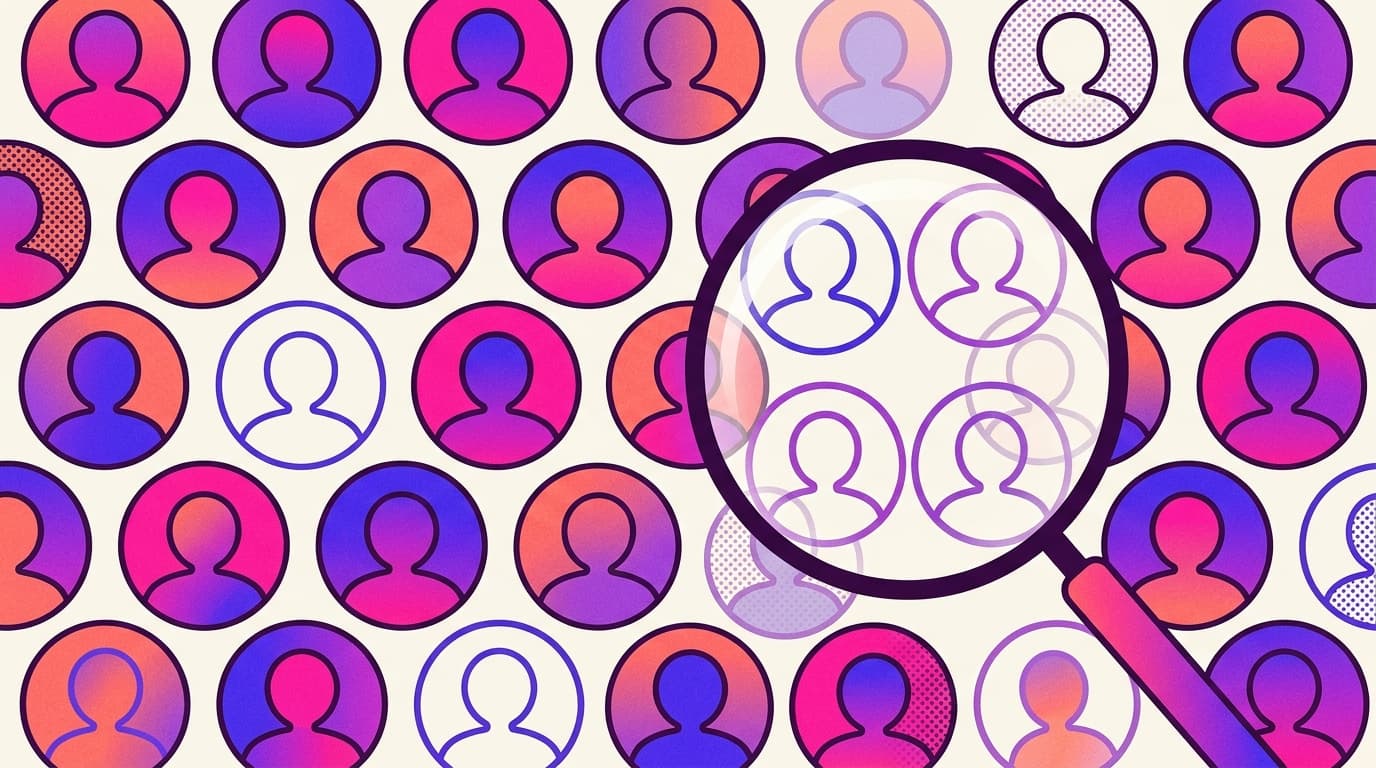 Editorial illustration of a grid of solid follower avatars with hollow transparent ones revealed under a magnifying glass