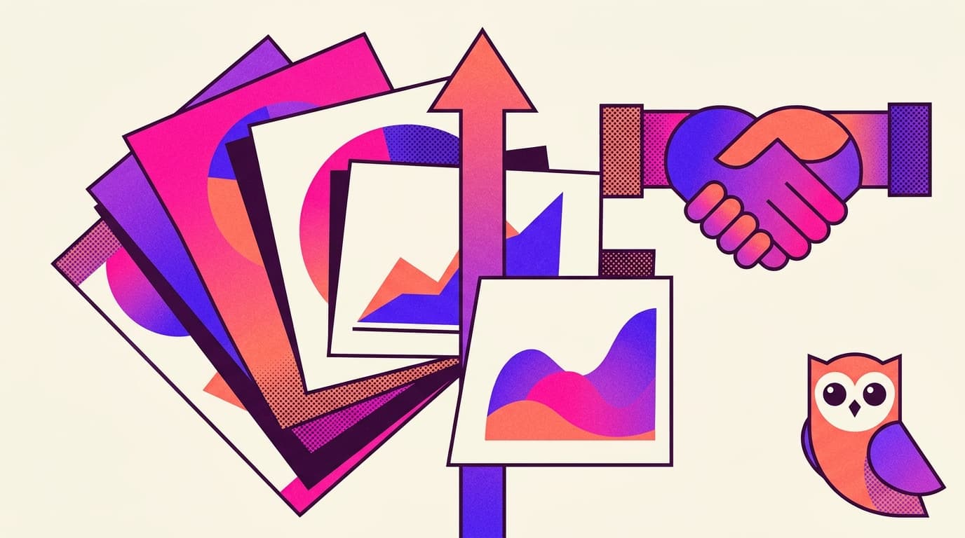 Editorial illustration of a fanned stack of report cards pierced by a rising arrow, beside a geometric handshake, with a small owl looking on