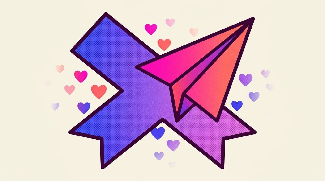 Editorial illustration of a large bookmark crossed by a paper plane, with small hearts scattering into the background