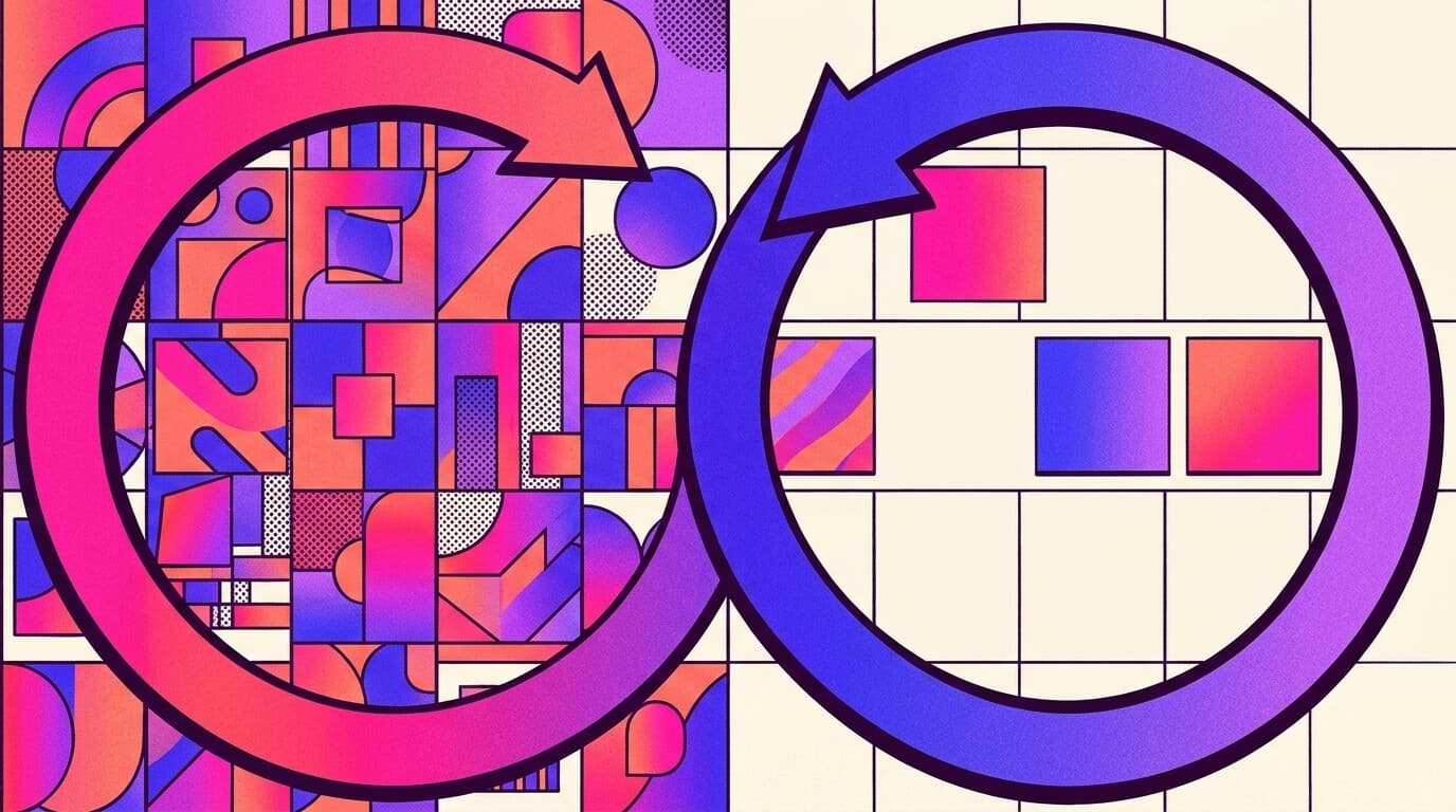 Editorial illustration of two large loop arrows over a grid, a crowded patchwork of colourful tiles on the left and a nearly empty grid with three fresh tiles on the right