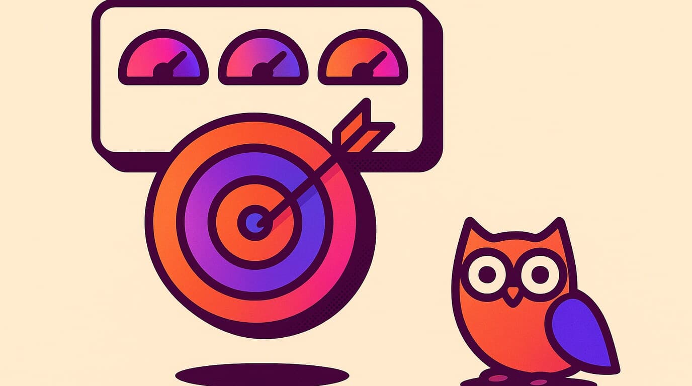 Editorial illustration of a control panel with six labelled dials for social media KPIs, most switched off, with a small owl adjusting the one still lit