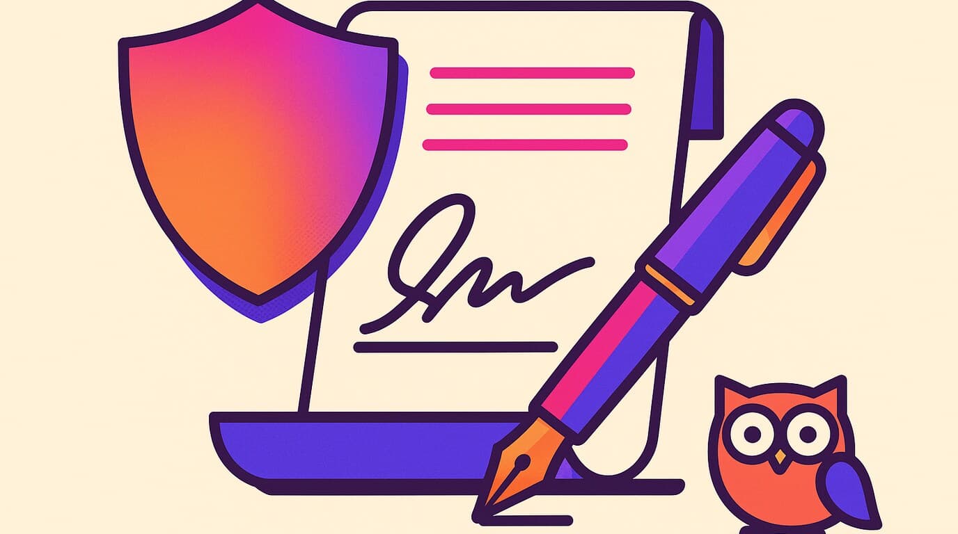 Editorial illustration of a social media management contract with individual clauses highlighted as separate blocks