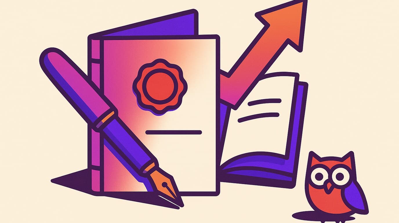 Editorial illustration of a social media proposal document open at the pricing page, with a small owl reading over the margin