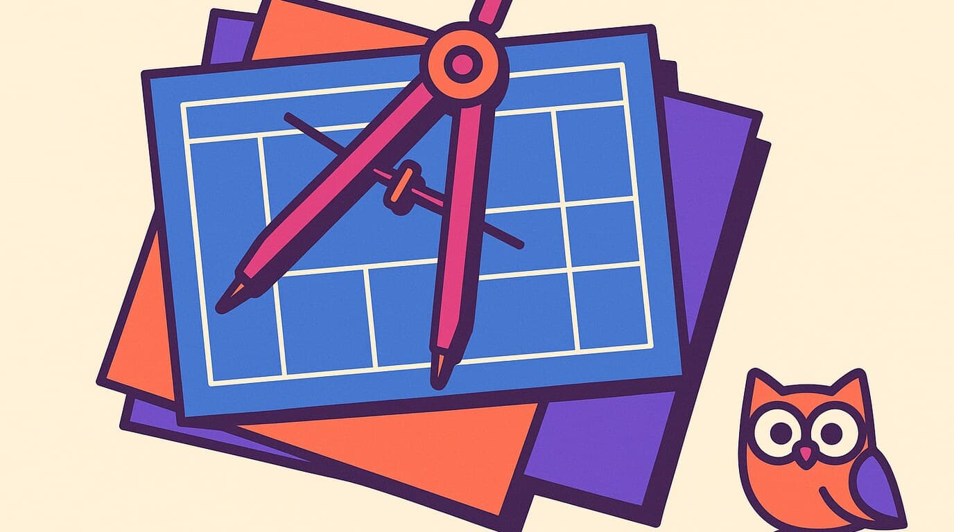 Editorial illustration of a signed social media strategy document beside a calendar and a rising metric line, with a small owl reviewing it