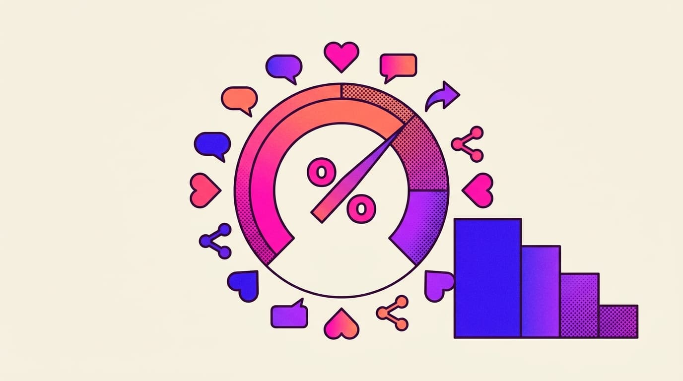 Editorial illustration of a circular percentage gauge ringed by heart, comment and share icons, with a descending stepped bar chart beside it