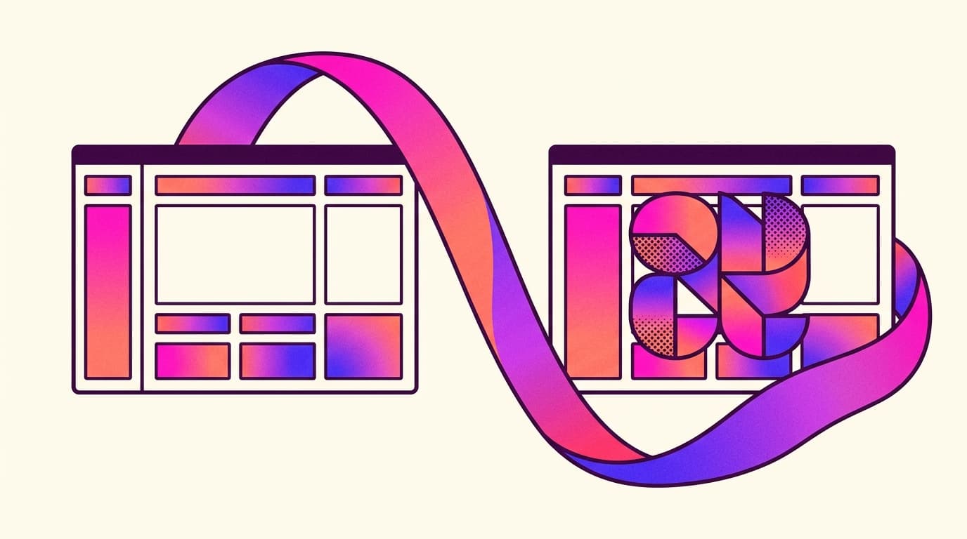 Editorial illustration of two dashboard panels side by side, one blank and one carrying an abstract brand mark, joined by a sweeping gradient ribbon